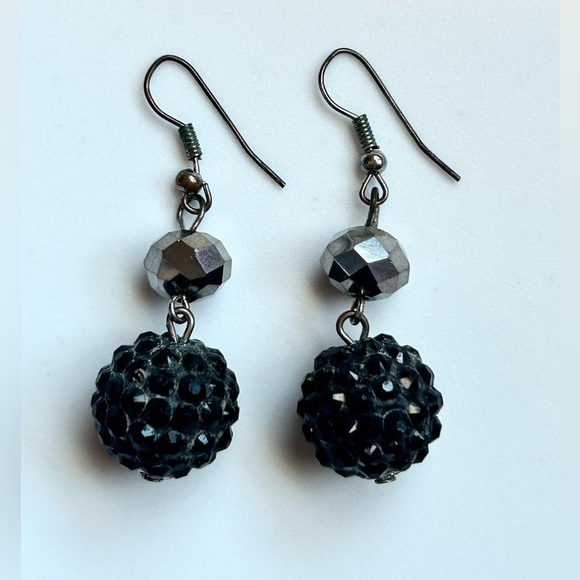 Gothic Shamballa Black Crystal Dangle Earrings Statement Y2K Vintage Jewelry - Picture 6 of 11